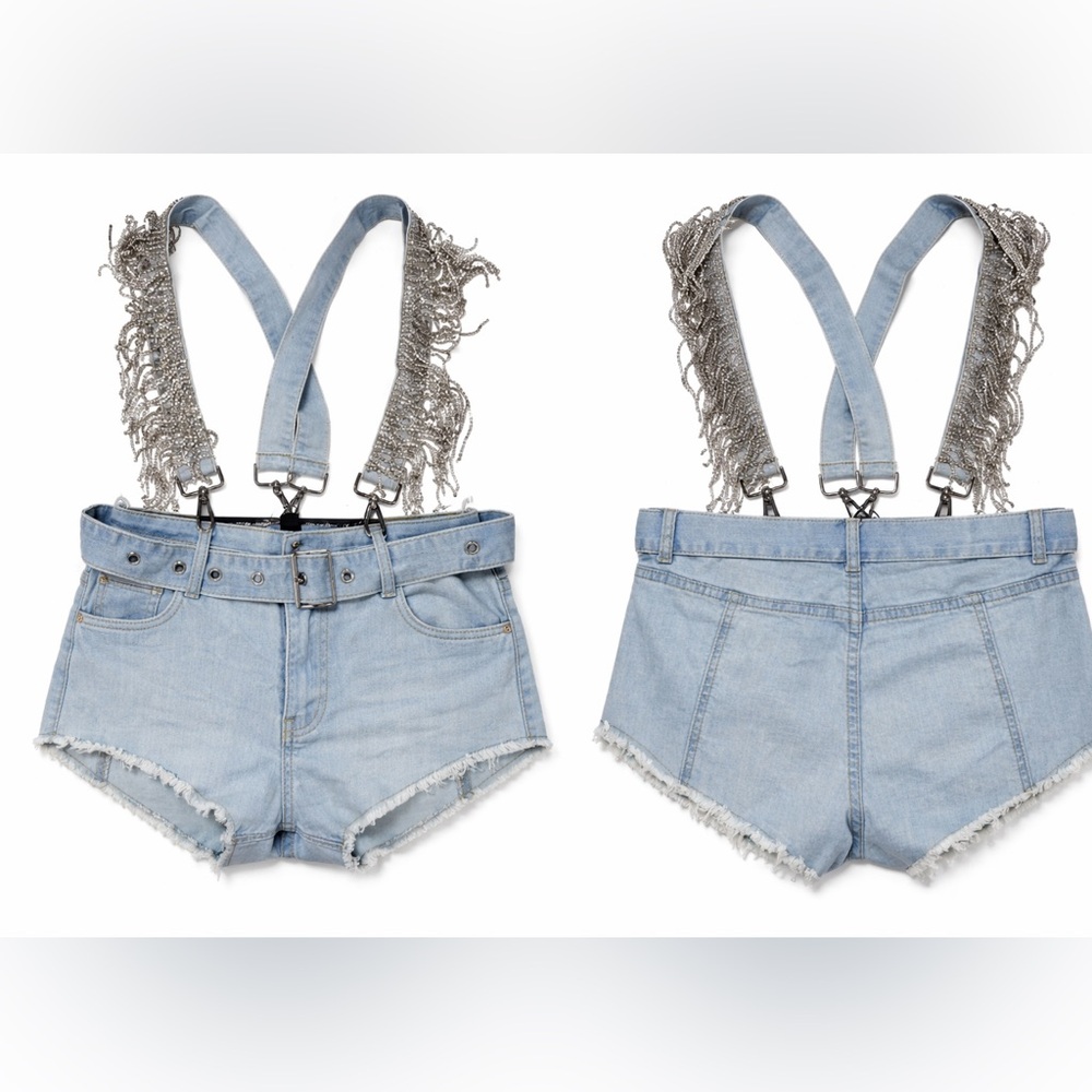 Denim Suspender Shorts with rhinestone Accents